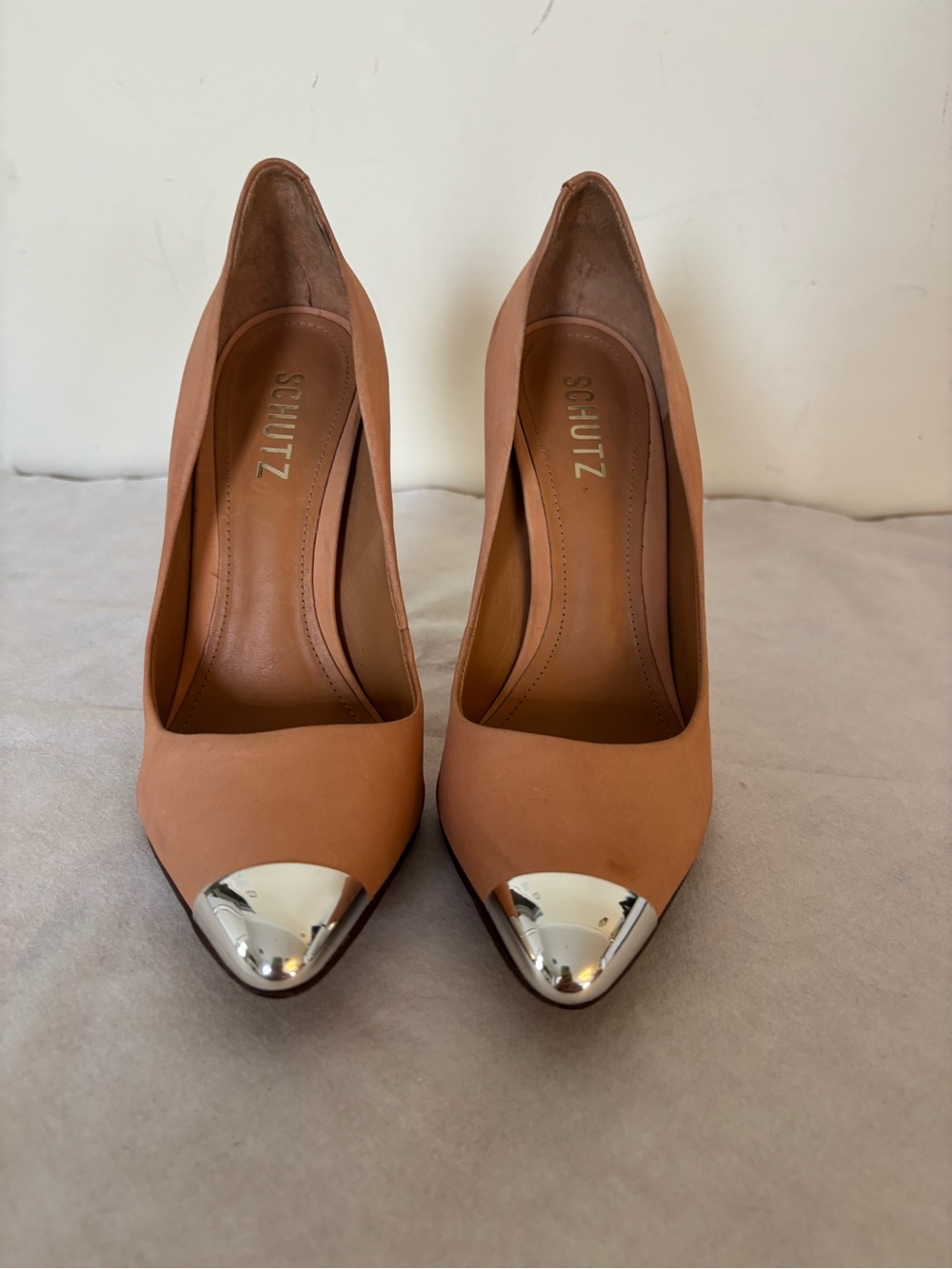 SCHUTZ Tan Pointed-Toe Pumps with Silver Cap Toe